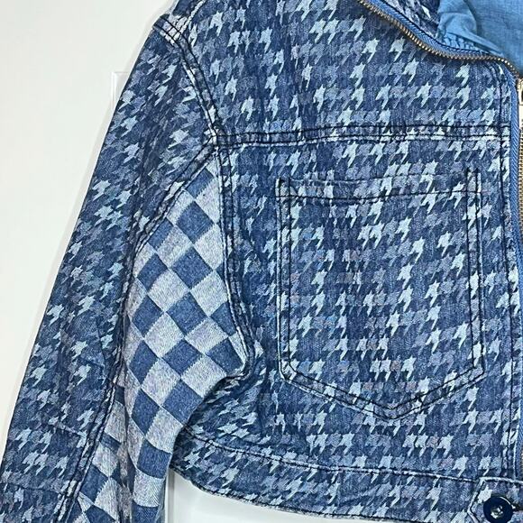 Uptown Blue Denim Cropped Jean Jacket Mixed Checkered Print Small - Picture 3 of 10